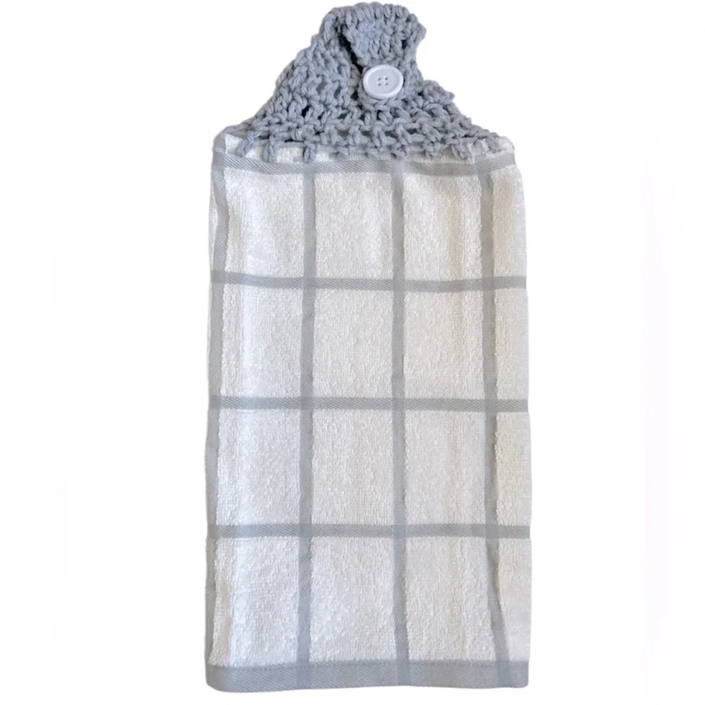 Hand Crafted Gray and White Hanging Kitchen Hand Towels Crochet Top